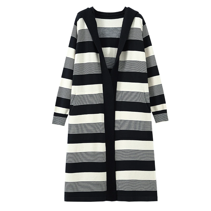 条纹开衫宽松中长款黑白时尚秋冬季针织MY8003