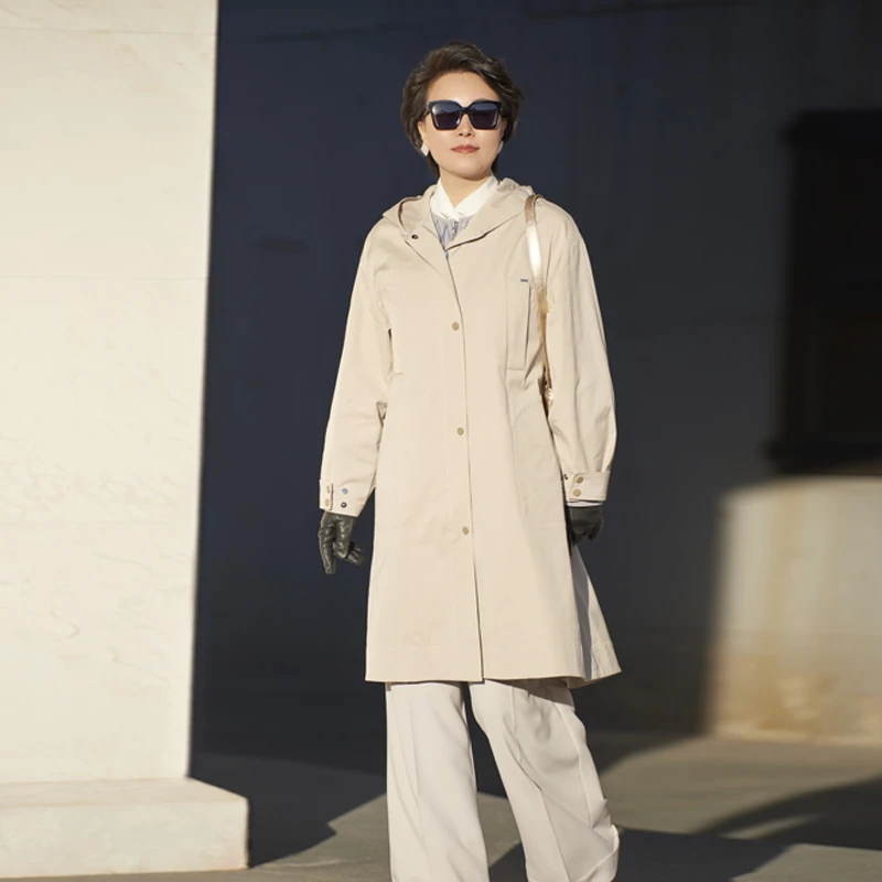 TENGS滕氏女装春季新款米白简约干练通勤中长款风衣