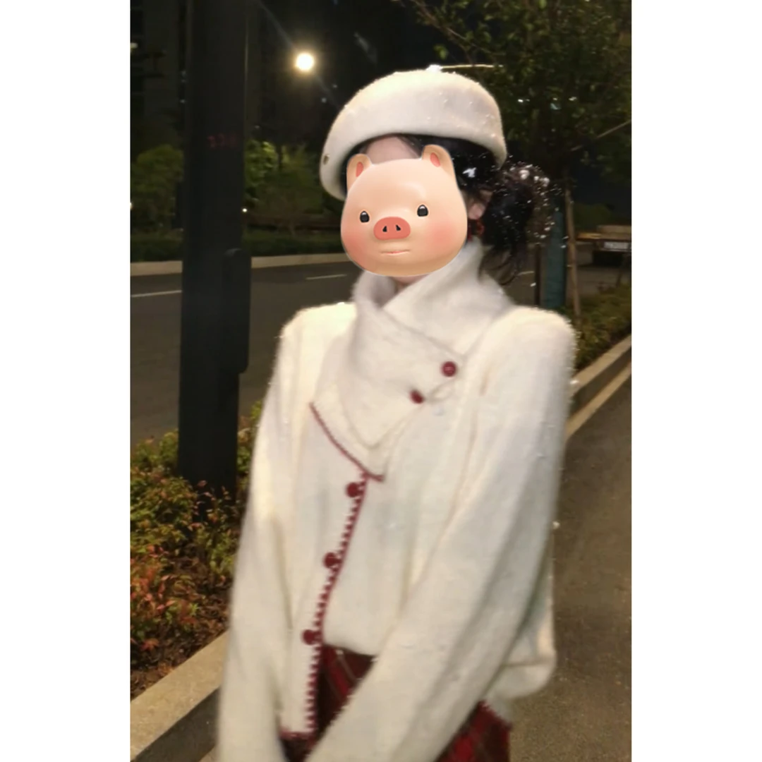 巨好看的白色毛衣开衫女秋冬慵懒风叠穿针织围脖独特漂亮早秋上衣