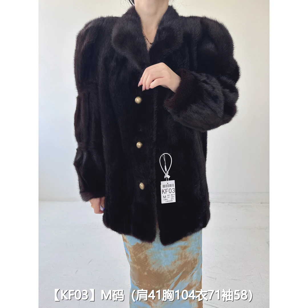 【KF03】M 红黑色短款逆毛貂皮水貂外套女 立领泡泡袖 30003