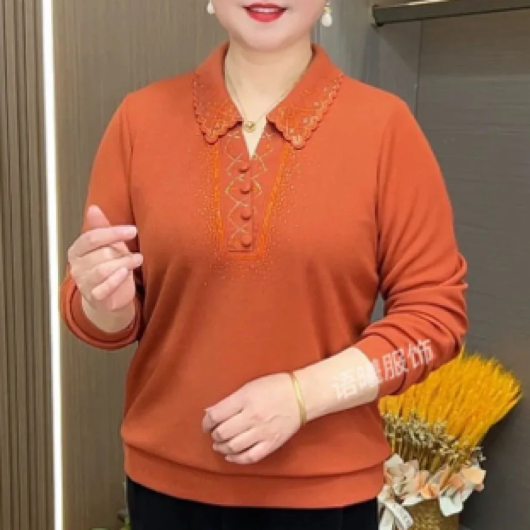 春季新款妈妈装时尚花边翻领烫钻显瘦洋气长袖打底衫
