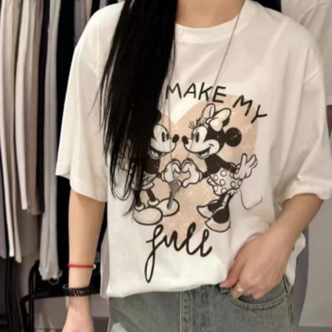 现pepper~女韩国正品代2025春季圆领爱心情侣米老鼠印花短袖T恤