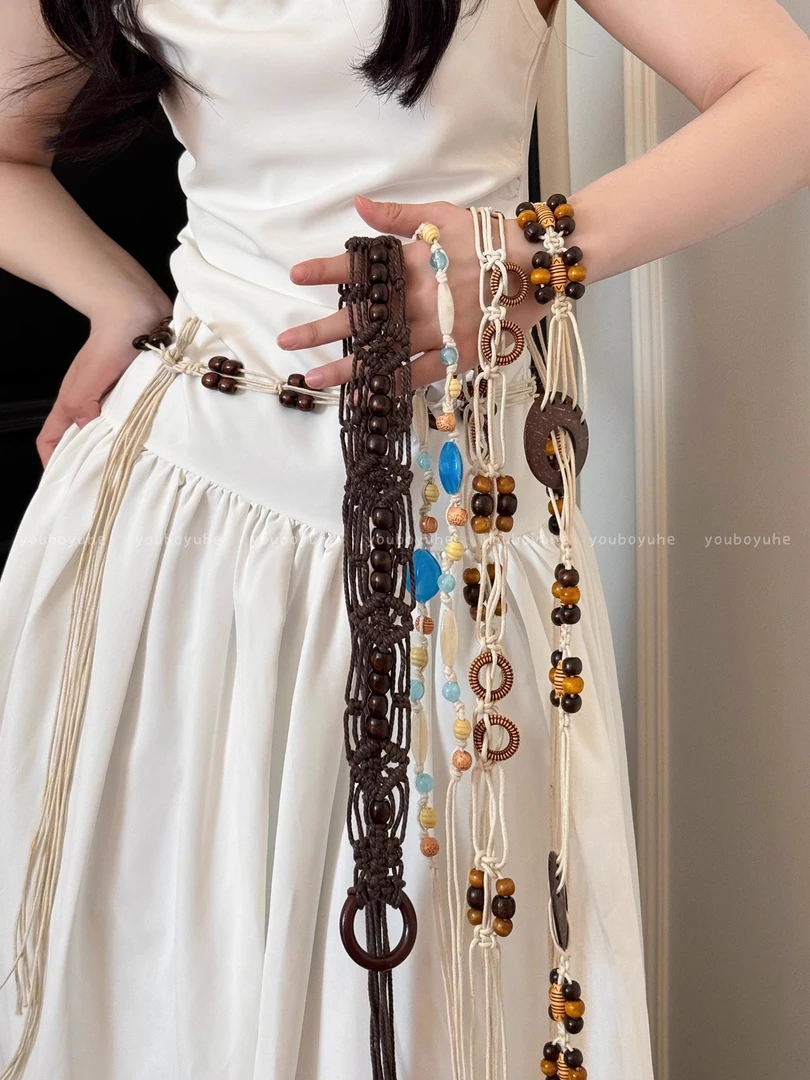 复古民族风星星串珠腰链女波西米亚手工编绳腰带配裙子收腰配饰品