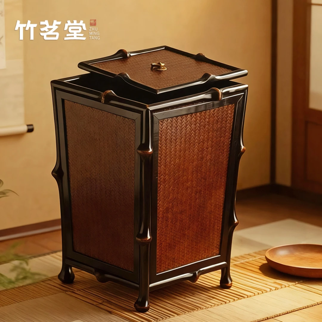新中式筇竹垃圾桶带盖家用复古客厅卧室茶桌废纸篓垃圾篓茶道配件