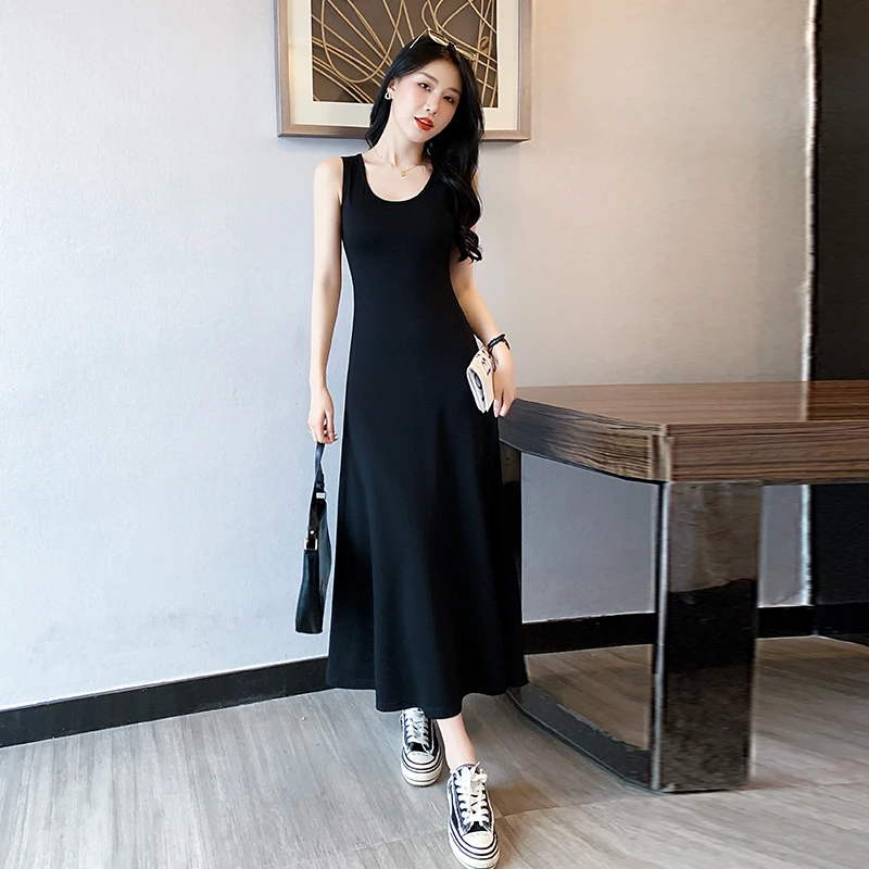 黑色背心连衣裙女夏季2025新款休闲长裙垂感高级感内搭a字大摆裙