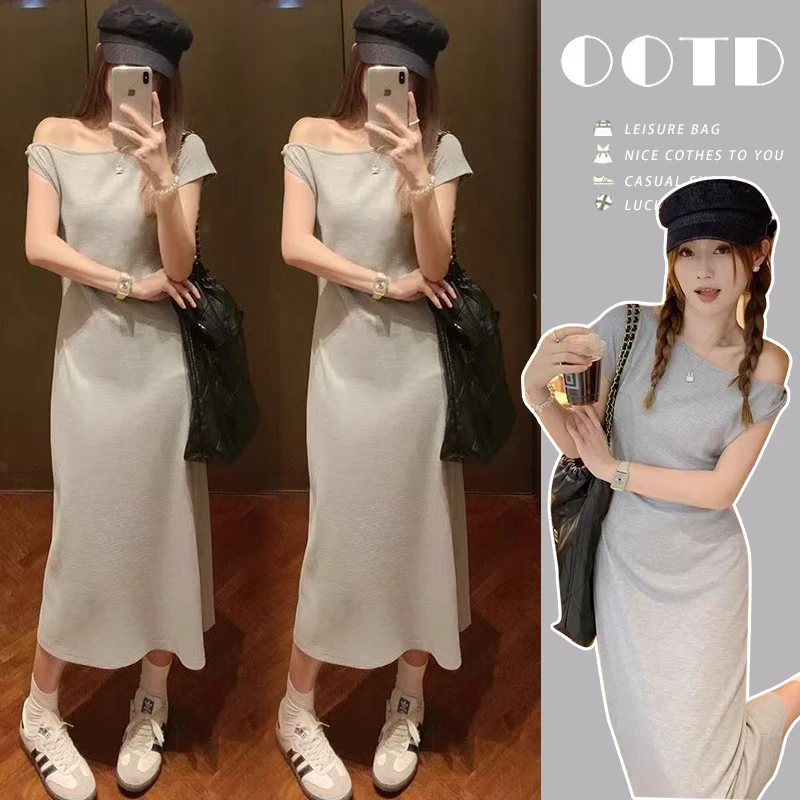 时尚孕妇灰色一字肩斜肩露肩短袖连衣裙女夏季修身显瘦包臀长裙