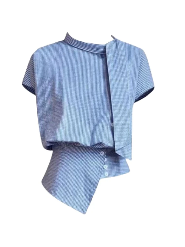 【Amy家】设计感飘带蓝色格子衬衫女夏季设计感不规则别致显瘦上衣