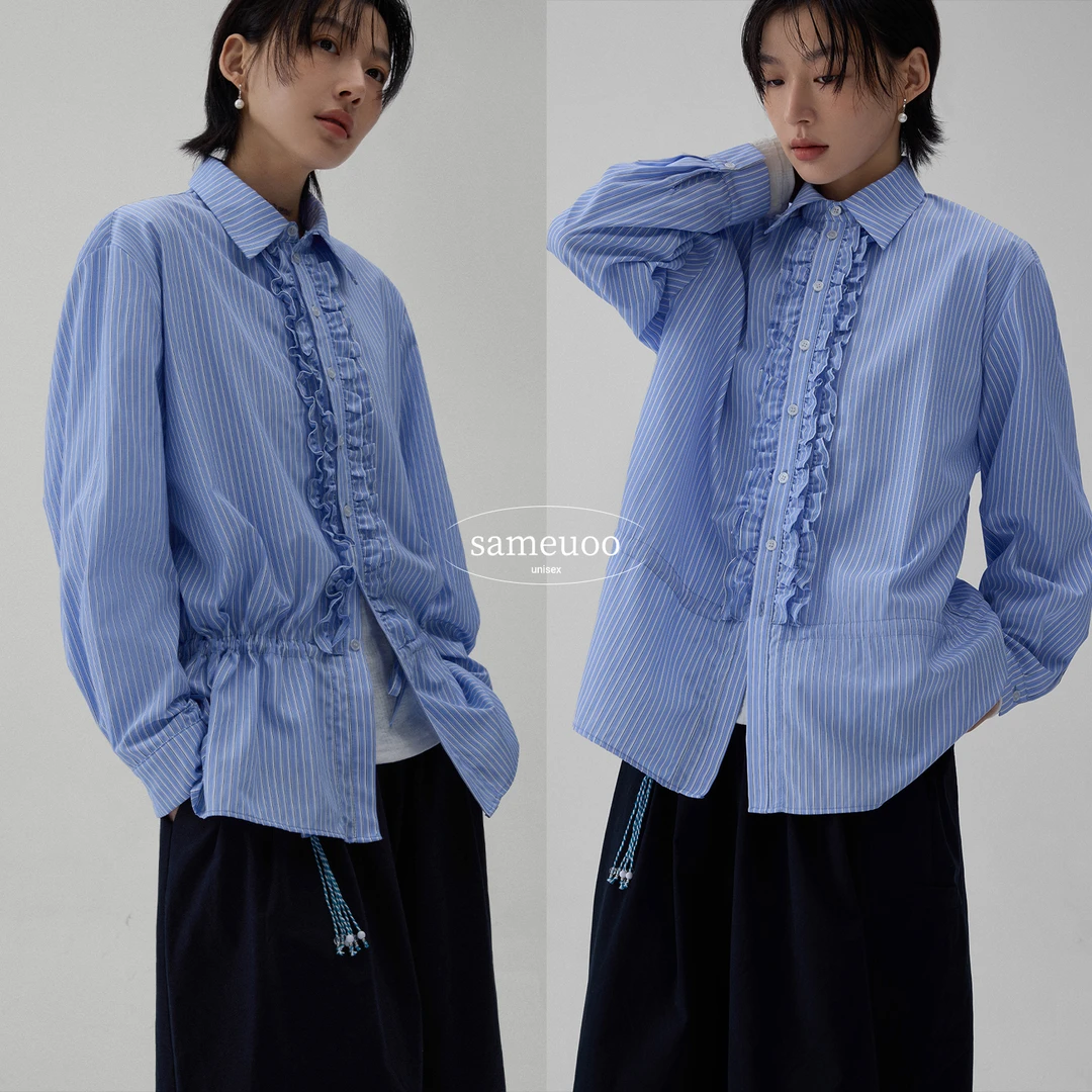 SAMEUOO散养文化蓝条纹木耳边抽绳长袖衬衫蓝色休闲百搭设计感