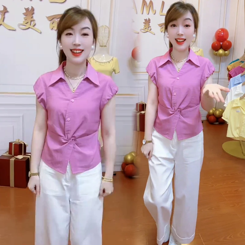 扭结收腰显瘦短袖衬衫女2025年夏季小个子休闲时尚减龄百搭上衣潮