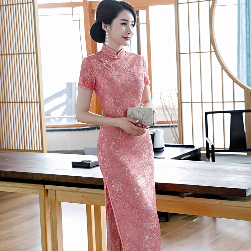 喜婆婆婚宴走秀年轻款粉色旗袍妈妈新款女长款婚礼婚宴装改良大码