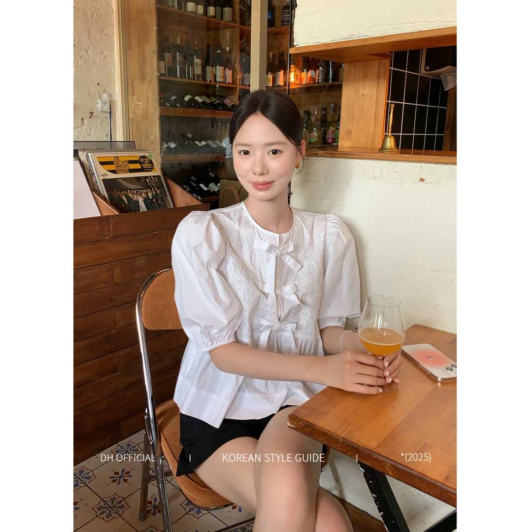 清DH OFFICIAL 大花【初夏巴洛克 white】重工刺绣蝴蝶结泡泡袖上衣