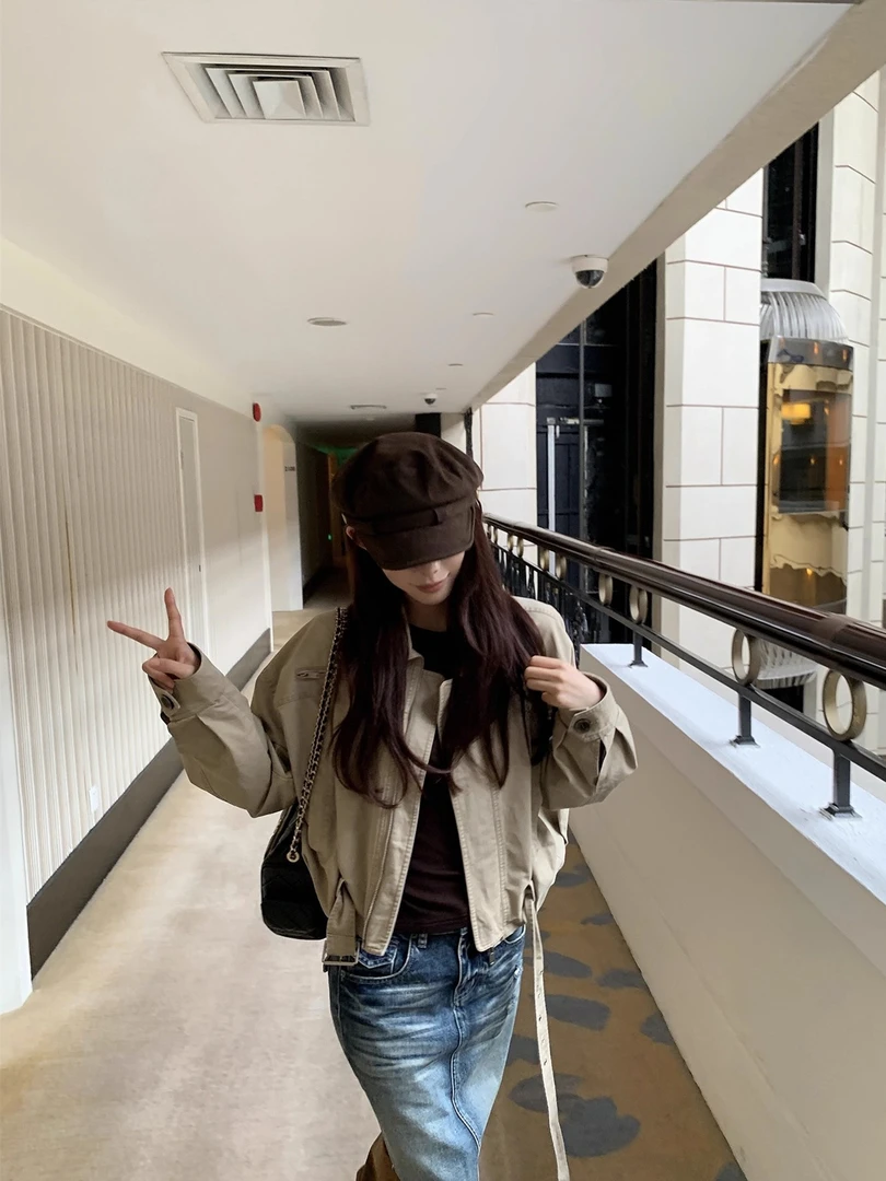 美式复古卡其色短款工装外套女2025秋季新款设计感时髦机车夹克潮