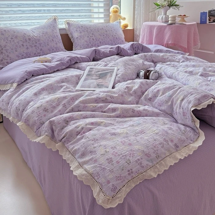2025秋冬新款皱皱双层纱蕾丝花边四件套宿舍小清新可爱被套床单