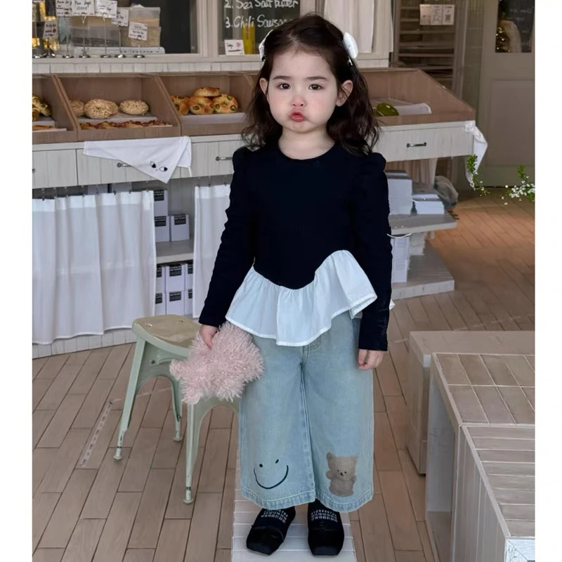 韩系童装女宝宝娃娃衫衬衣2025春季女童荷叶边长袖娃娃领衬衫上衣