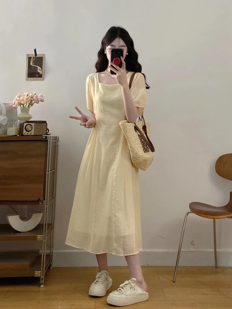 【小宇】夏季新款方领提花优雅简约小清新收腰显瘦裙888-130方领