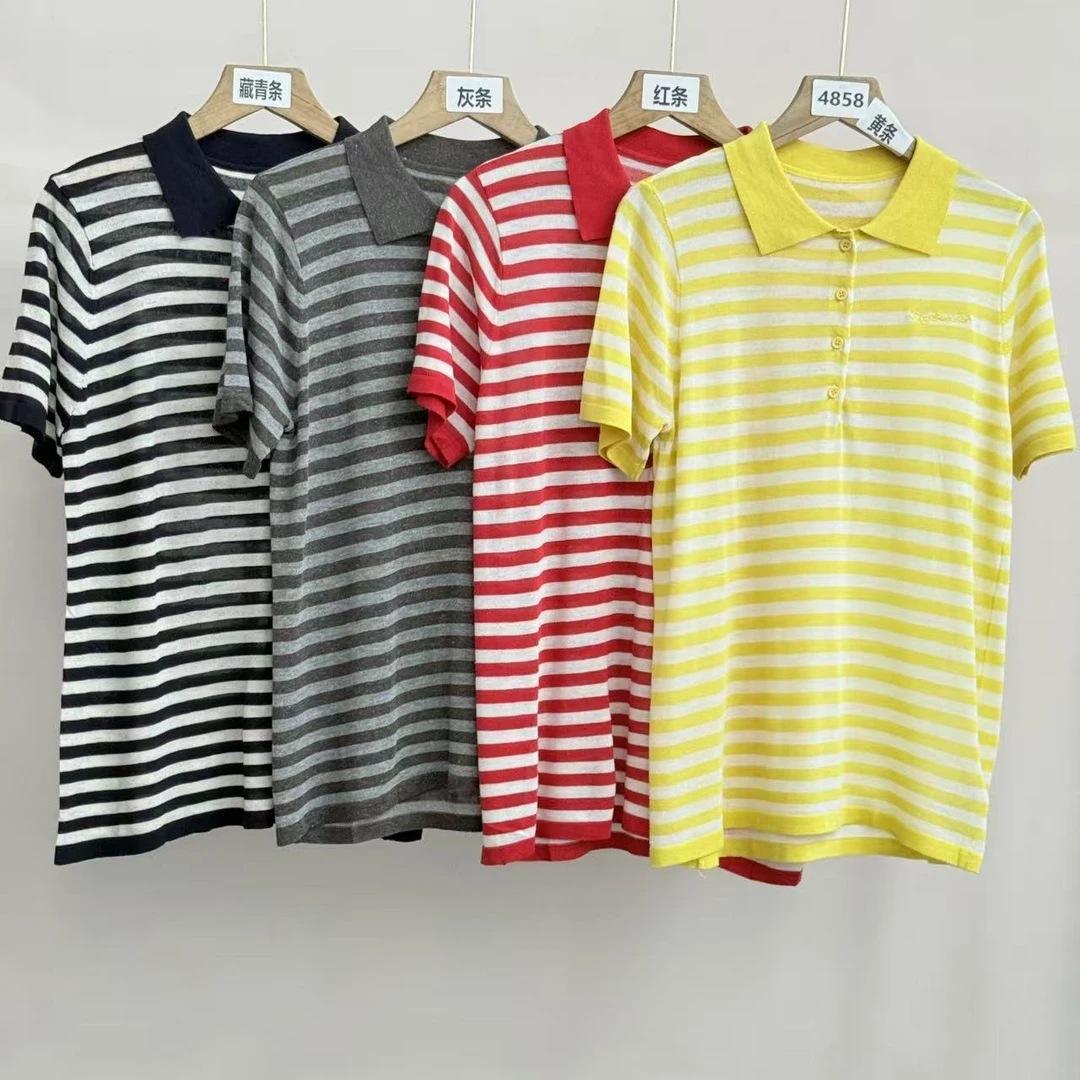 4858号711122#百搭简约翻领排扣休闲条纹针织短袖