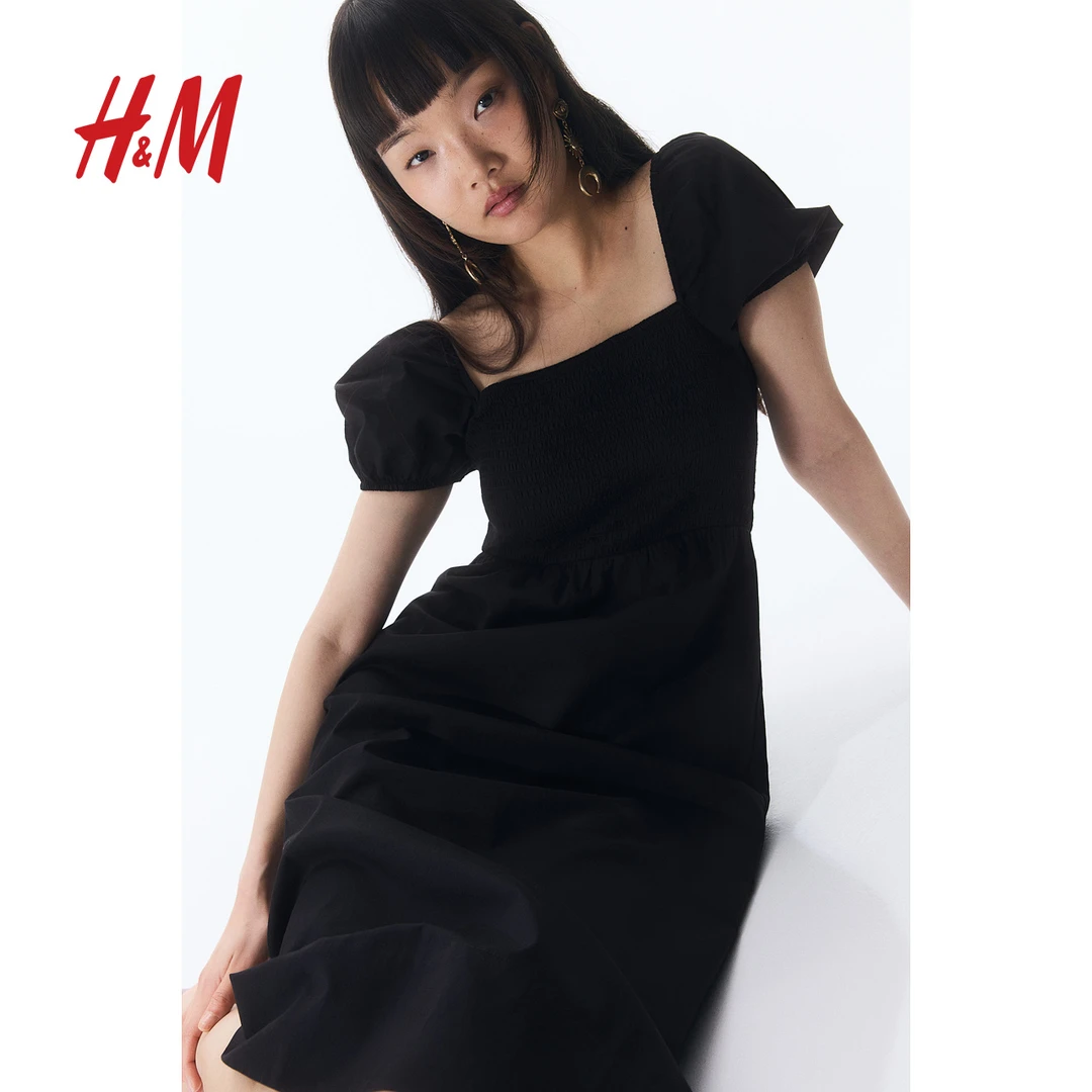 HM25年春秋新款女装千金流光风时尚方领泡泡袖棉质连衣裙1275443