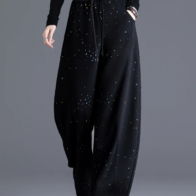 黑色运动裤女卫裤满天星美式松弛感裤子宽松bf慵懒风弯刀休闲长裤