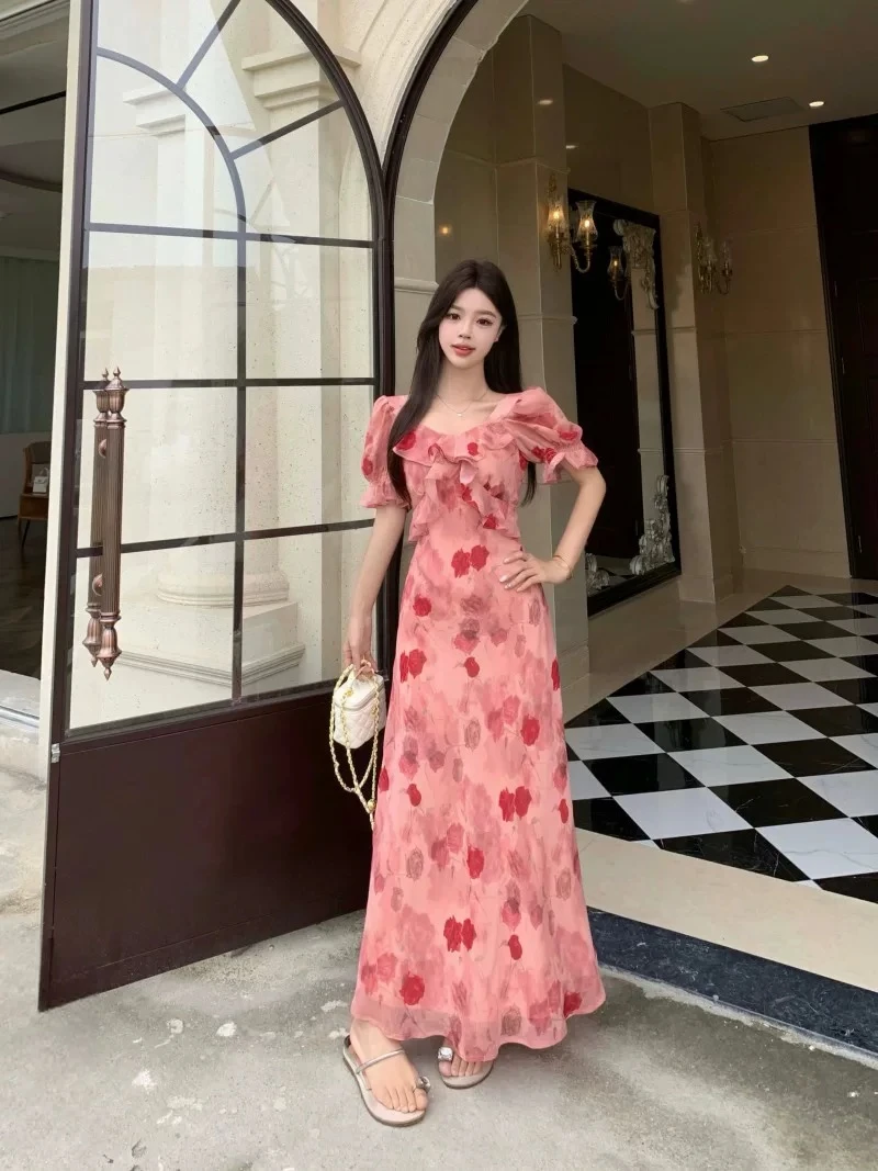 【干枯玫瑰】大码女装微胖法式甜美碎花方领高级气质显瘦收腰长裙