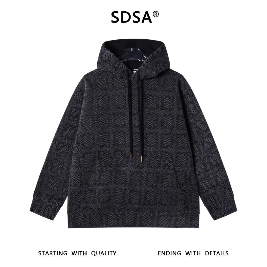SDSA男士秋冬新款痞帅男装潮流高街撞色绒毛格子抽绳连帽卫衣百搭