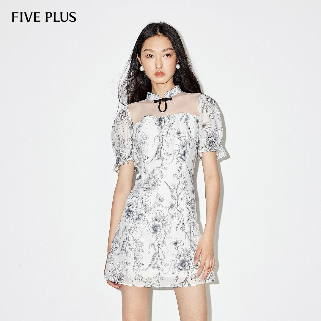 FIVE PLUS夏装连衣裙女新中式盘扣裙子泡泡袖印花天丝2LN2081230