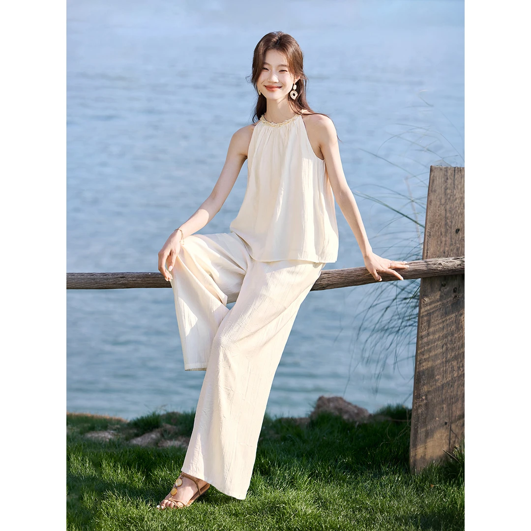 恰好时光两件套2025夏季新款质感小香风织带设计挂脖套装