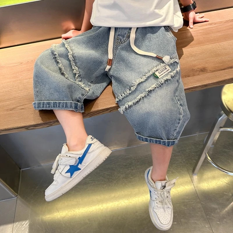 男童痞帅牛仔短裤2025夏季新款中大童男孩宽松薄款七分裤休闲中裤