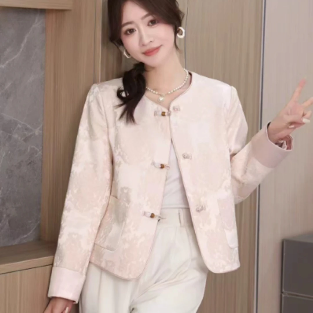 5019新中式提花短款外套女新款中国风气质盘扣高级小个子上衣
