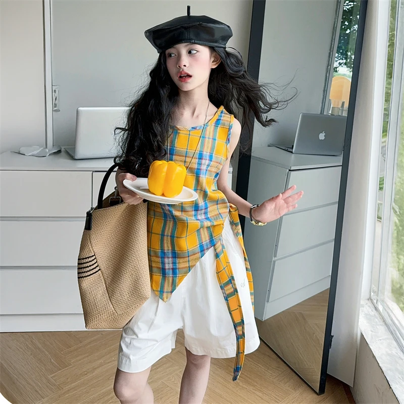 多巴胺格子不规则背心套装2025女童夏季新款宽松显瘦短裤两件套潮