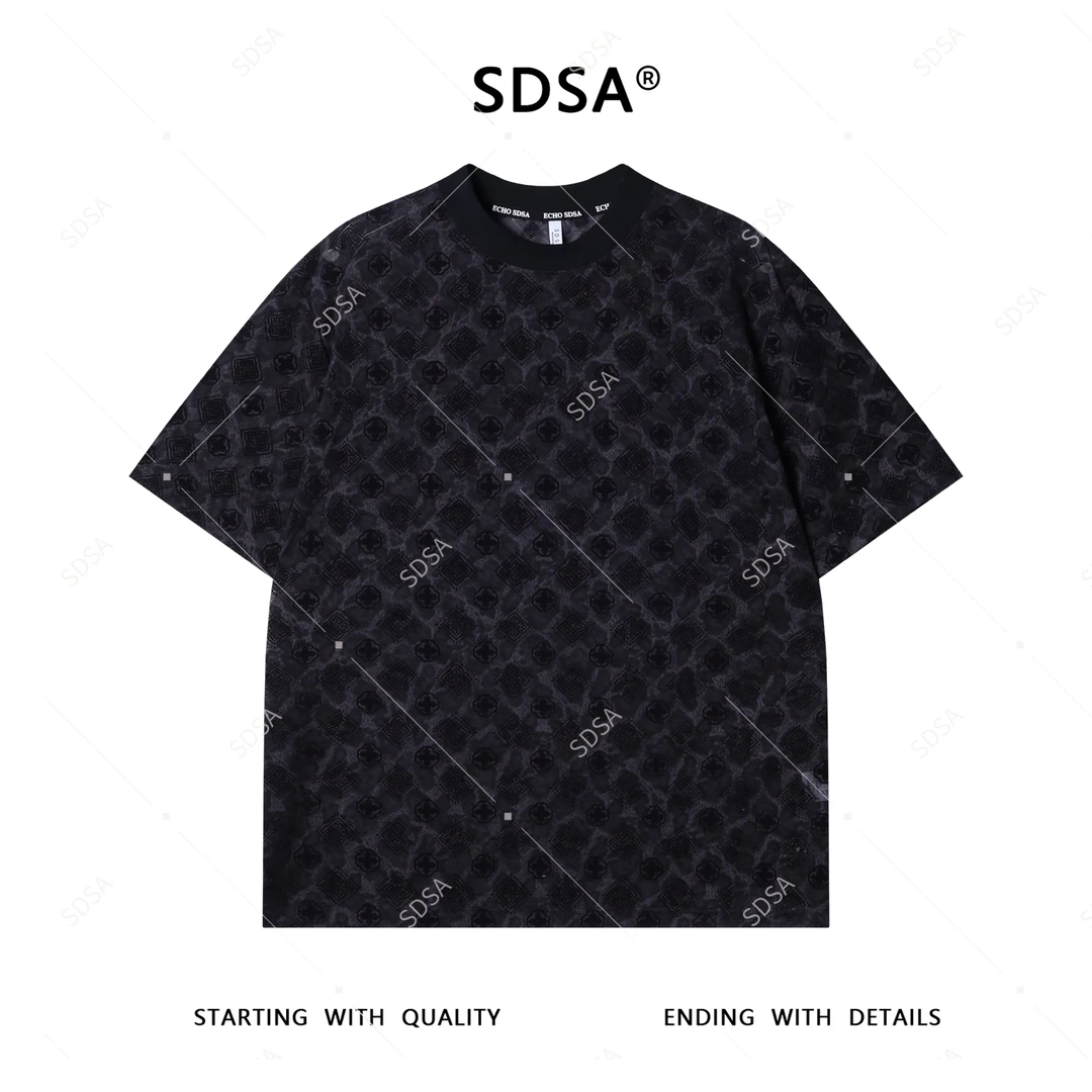 夏季高级感新款男士潮牌扎染植绒图案设计短袖T恤透气圆领上衣潮