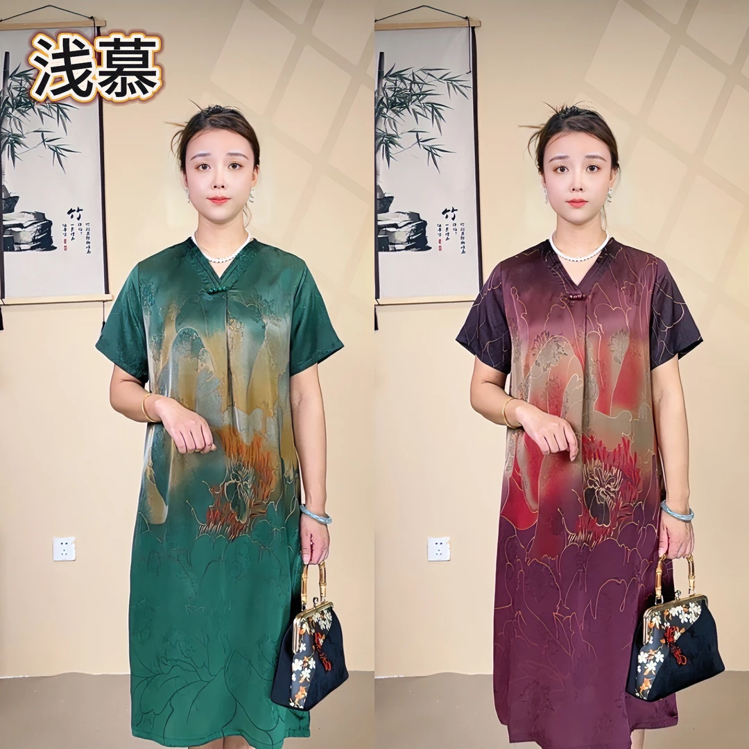 【丹霞】V领时尚气质显瘦透气舒适连衣裙百搭优雅气质妈妈裙子