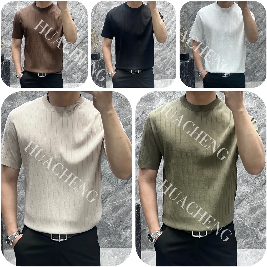 【画成】夏季高端提花针织短袖男士简约修身百搭纯色圆领上衣 24296