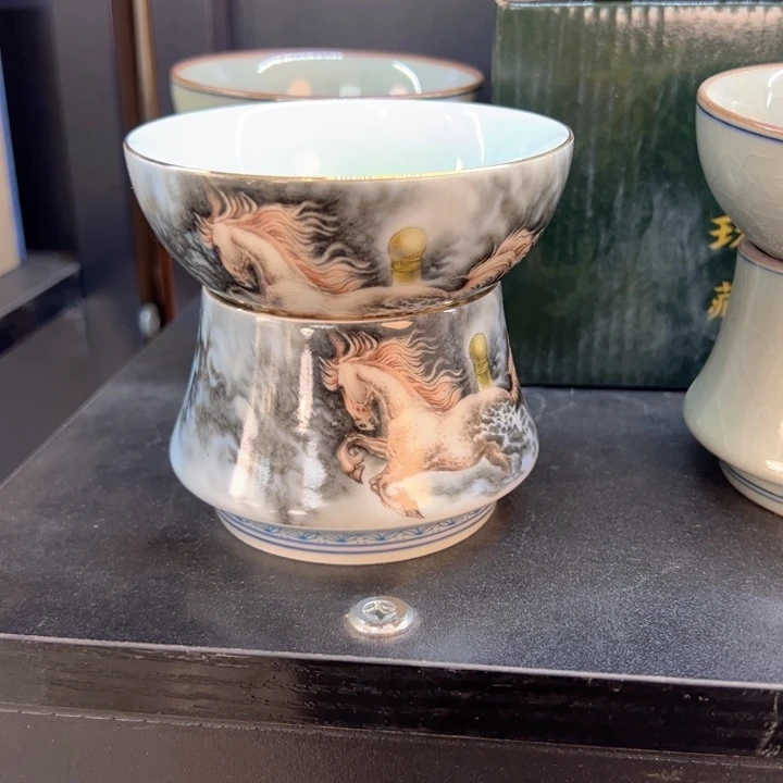 瓷片粉彩梦马茶漏全品