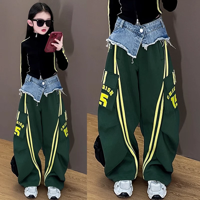 女童春秋裤子牛仔拼接工装裤2025女孩春装洋气时髦运动长裤初中生