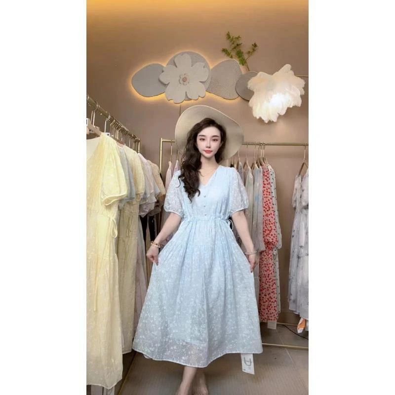 中长裙V领提花夏季时尚连衣裙甜美法式显瘦西域风气质