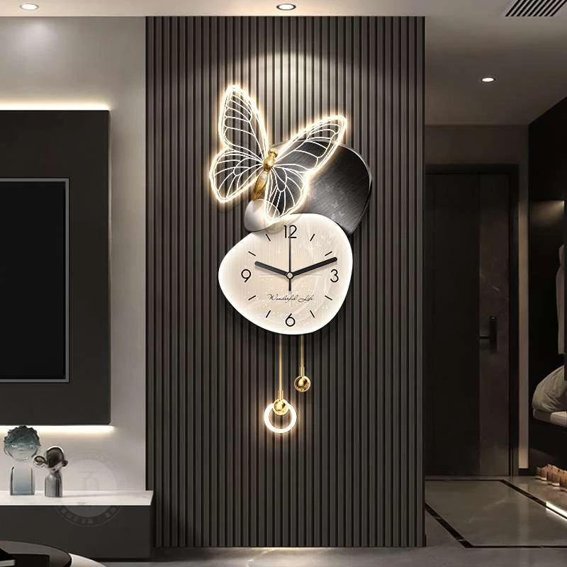 轻奢高级感带时钟电视背景墙装饰画石来运转客厅挂画创意格栅壁灯