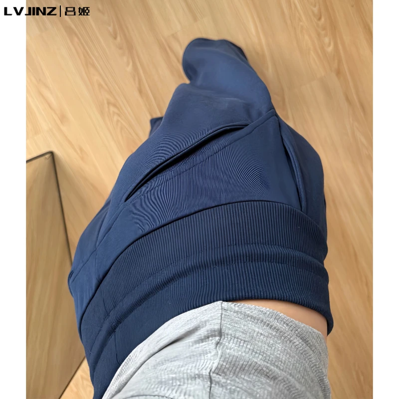 美式复古藏青色阔腿运动裤女秋2025新款低腰宽松垂感抽绳直筒卫裤