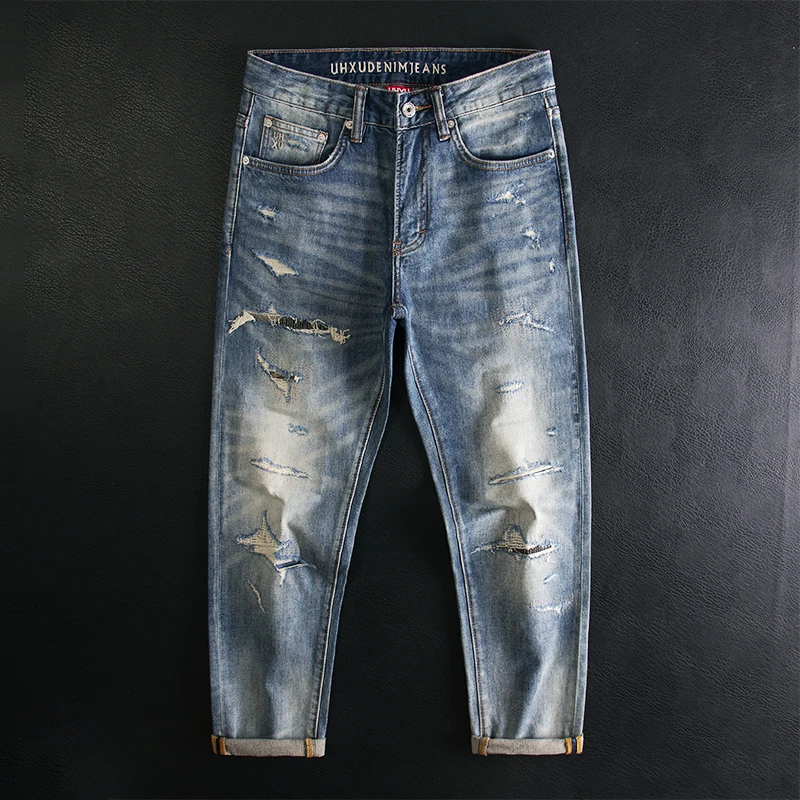 高端品质破洞补丁牛仔裤男春夏薄款割烂刺绣小个子修身小脚九分裤