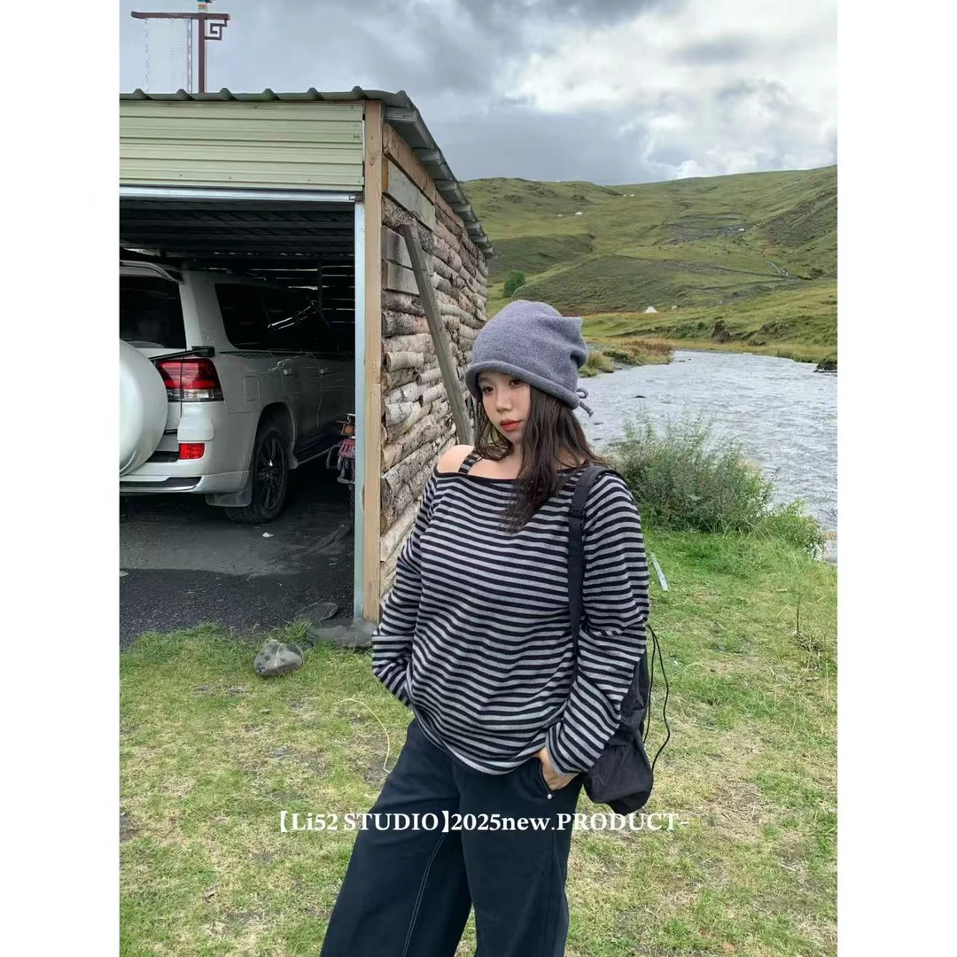 曦曦子【条纹主义】2025ss.黑灰针织上衣/休闲百搭慵懒#5086