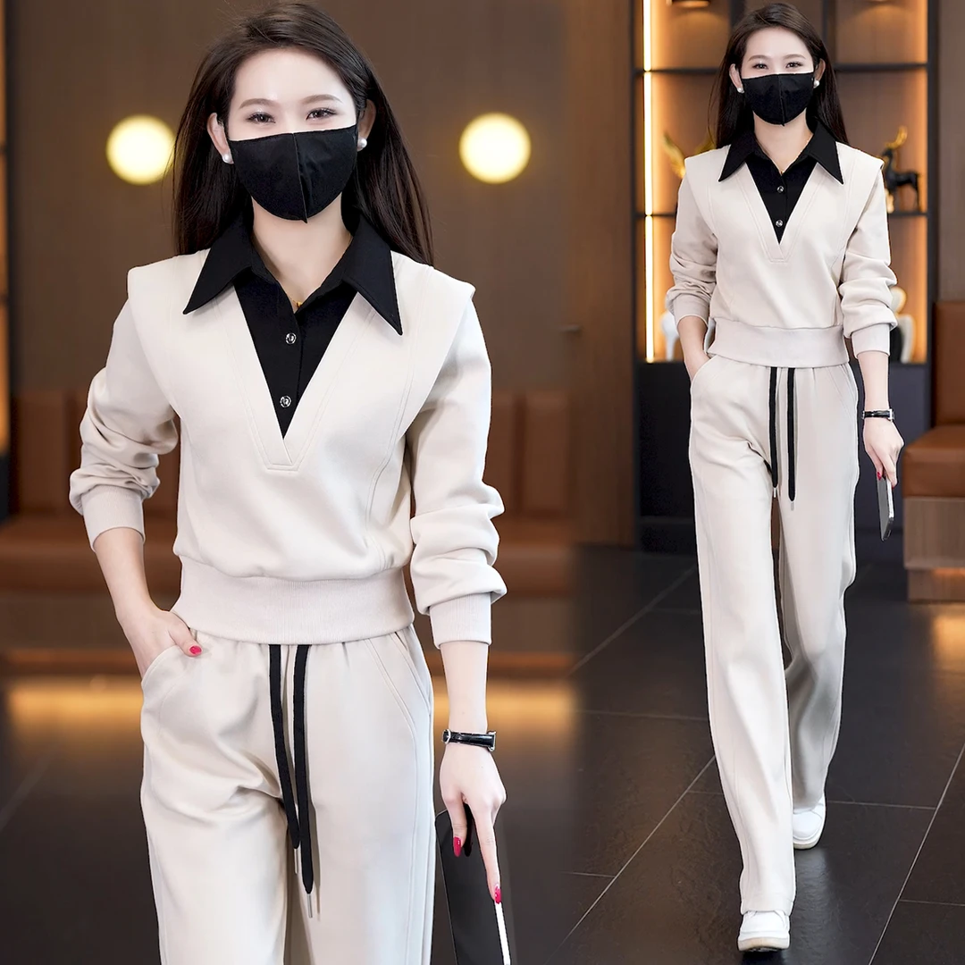 衬衣领气质休闲假两件polo春女运动套装2025休闲时尚两件套女装