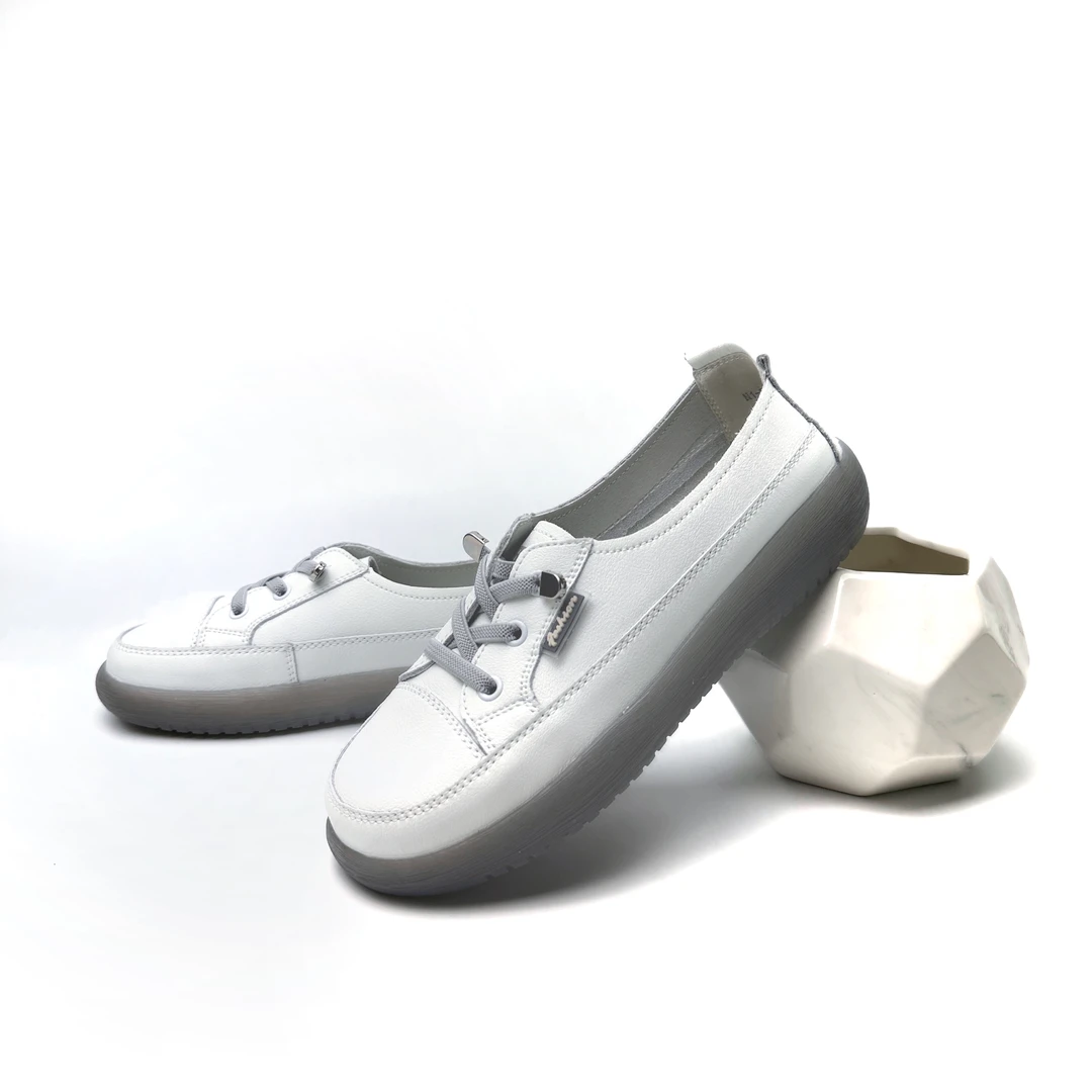 真皮单鞋纯色圆头系带时尚四季通用耐磨中口修面皮薄款平底白色