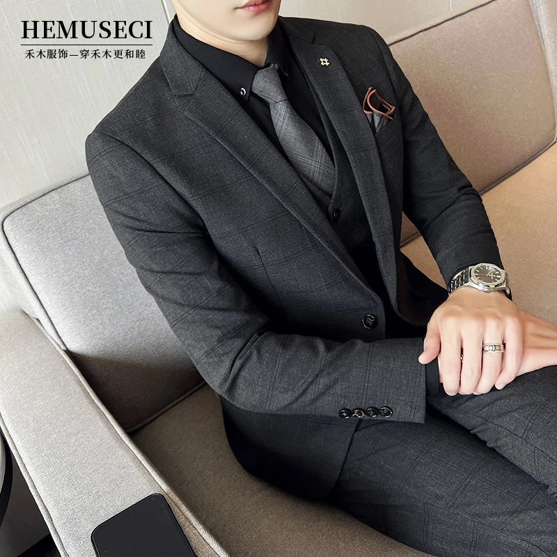 高档格子商务套装新郎伴郎西装修身休闲日常灰色男士西服时尚礼服