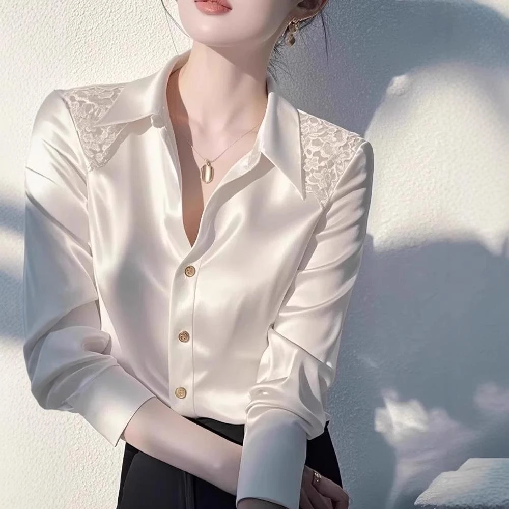 法式轻奢缎面白衬衫女感气质秋季蕾丝拼接小衫设计感长袖上衣