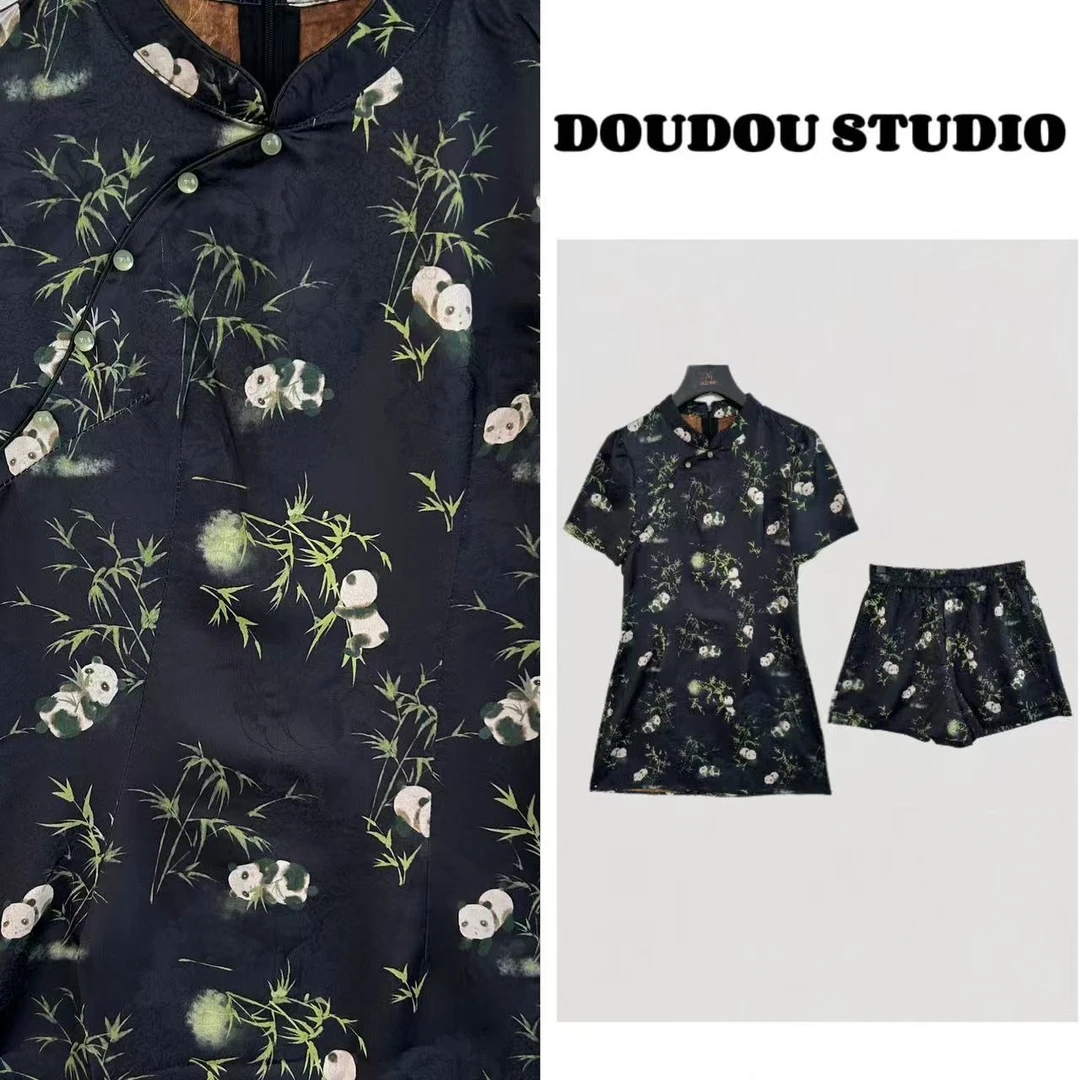 【兜兜】竹林熊猫/新中式国风高开叉旗袍+短裤两件套装 井25318