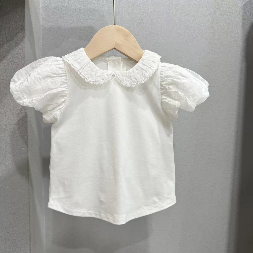 出口韩单 susu25夏季新款蕾丝娃娃领白色泡泡袖T恤洋气百搭