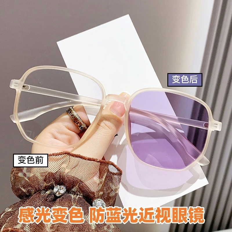 感光变色近视镜大框架跨境素颜学生爆款防蓝光平光镜复古近视眼镜