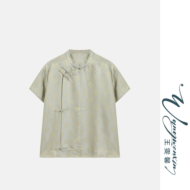 【王雯馨】“青韵宝相”重磅国风真丝菩提提花琵琶襟盘扣短款百搭上衣