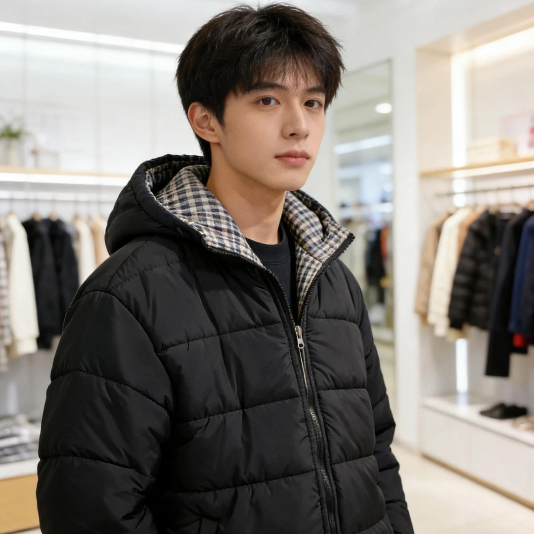 黑色纯色男士潮流运动连帽冬季棉服新款中大童韩版双面穿加厚格子