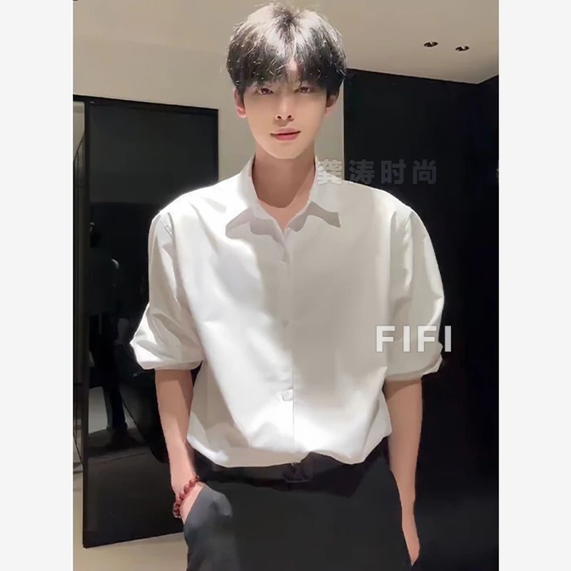 白色男士纯色衬衫长袖休闲宽松春秋薄款高级西装衬衣潮流免烫衬衣