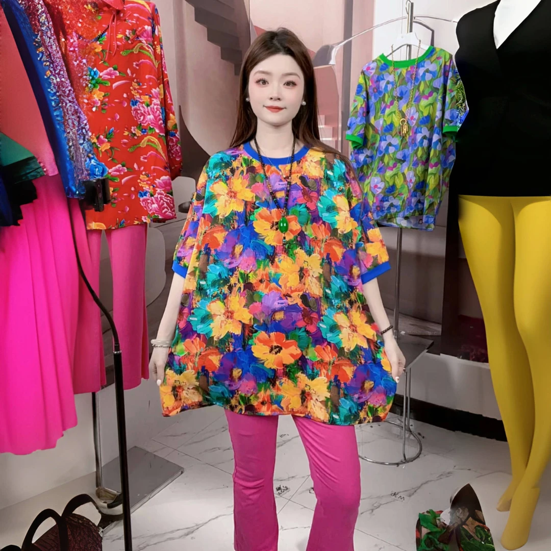 鲜花大码短袖180斤潮流上衣吸汗宽松妈妈夏装遮肉遮肚子外穿T恤
